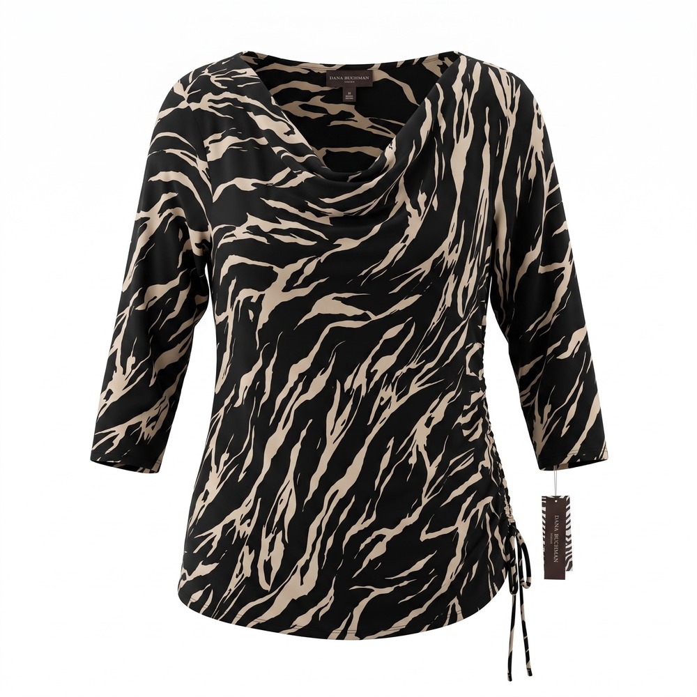 Dana Buchman Top 2X Black Tan Tiger Print Cowl Neck Ruched Side Modern Chic